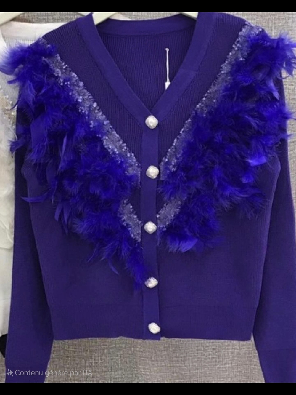 Feather-Trim V-Neck Cardigan Sweater in Deep Purple